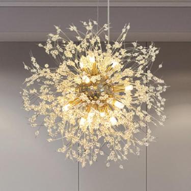 Imagem de Lustre moderno com 12 luzes em formato de fogos de artifício, cristais K9 e cordão de luz | Lâmpadas com soquete G9, luminárias de suspensão embutidas para sala de estar, quarto, sala de jan