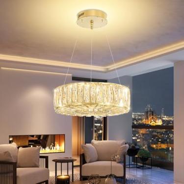 Imagem de WOSOHYUN Lustre de cristal dourado moderno 40,6 cm redondo luxuoso K9 luminária pendente de cristal lustre de teto para sala de estar, sala de jantar, escada, cozinha, quarto