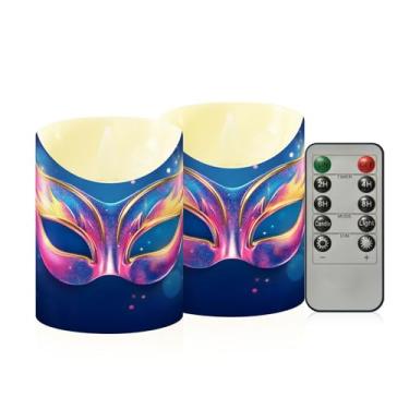 Imagem de Wassud Pacote com 2 velas sem chama com estampa de máscara de carnaval com controle remoto, velas realistas cintilantes com temporizador, velas decorativas para Natal, casamento, festa, decoração de