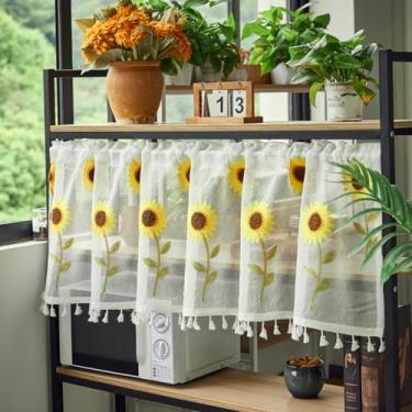 Imagem de ENJOYBRIDAL Cortinas de armário de girassol cortinas curtas boho para janela de cozinha sobre a pia cortinas transparentes fofas com bolso de haste para café floral casa de fazenda pequena saia