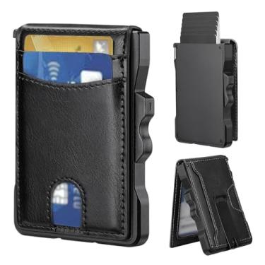 Imagem de Carteira masculina fina de metal com trava automática, bolso frontal, porta-cartões de crédito para proteção RFID, permissão para pai, namorado, amigo, Preto, Moderno