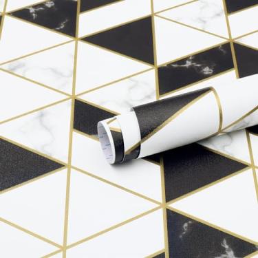 Imagem de Papel de parede geométrico Fession Papel de parede preto e branco autoadesivo moderno papel de contato removível 43,9 cm x 500,4 cm papel de parede impermeável para gaveta de armário de quarto