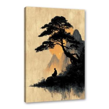 Imagem de Pôster de arte de parede de Buda Zen sombrio Bodhi Pintura Árvore Solidão Meditação Impressão em Tela Estilo Chinês Vintage Arte de Parede Espiritual Decoração de Escritório Doméstico (SKU3,16x24" =