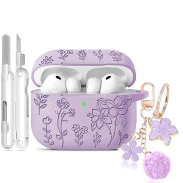 Imagem de Capa para Airpods Pro 3, capa com gravação floral compatível com AirPods Pro 3ª geração 2025, capas de silicone macio com chaveiro fofo e limpador para mulheres femininas, à prova de choque