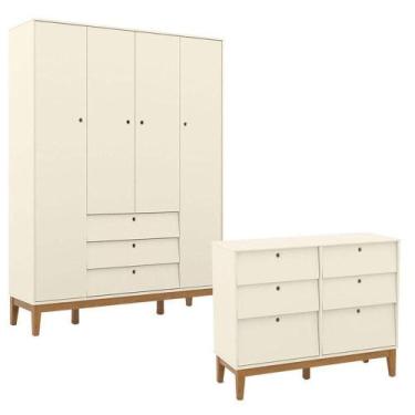 Imagem de Cômoda 6 Gavetas E Guarda Roupa Unique 4 Portas Off White Eco Wood - M