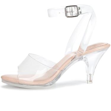 Imagem de NBUUNBU Salto transparente feminino com tira no tornozelo, salto plataforma transparente, salto com tiras, bico aberto, stiletto confortável, sapato social com salto alto, Nude-7,5 cm, 40