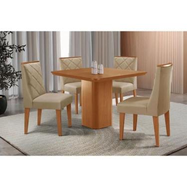 Imagem de Conjunto: Mesa Sala Jantar Maldivas Tampo Curvo 90cm+4 Cadeiras Pietá Madeira Naturale - Capuccino/Linho Bege - Rufato