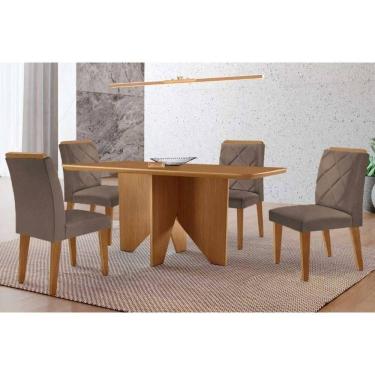 Imagem de Conjunto: Mesa Sala Jantar Nevada Tampo Curvo 120cm+4 Cadeiras Pietá Madeira Naturale - Capuccino/Suede Capuccino - Rufato