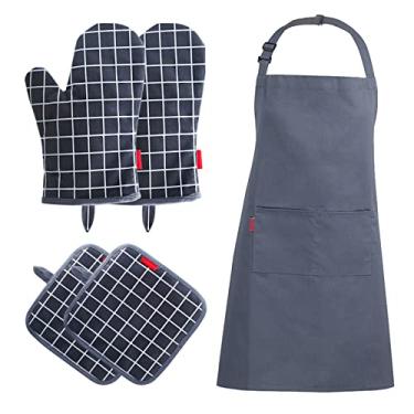 Imagem de 5pcs Kit de Cozinha com Luva Forno PortaPanelas Avental Luvas Térmicas Revestidas Silicone Forro Algodão para Cozinhar Assar e Fazer Churrasco