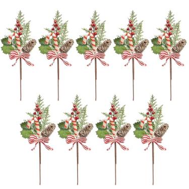 Imagem de KI Store Palhetas de árvore de Natal de bengala doce vermelha e branca, 9 peças de haste de pinheiro para decoração de guirlanda de Natal, buquê festivo