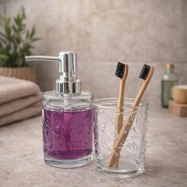 Imagem de Conjunto para Banheiro Diamond 2 Peças em Vidro Decorado | Porta Sabonete Líquido com Válvula Inox + Copo Porta Escova | Design Luxuoso