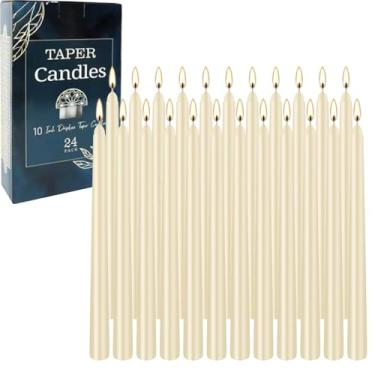 Imagem de Velas cônicas brancas marfim de 25 cm, pacote com 24 castiçais sem cheiro, sem fumaça, sem gotejamento, com 7 a 8 horas de queima, cera de parafina ideal para férias, casamento, jantar, Natal