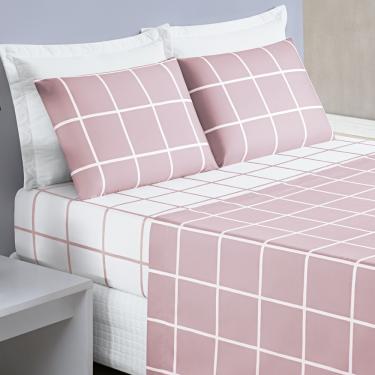 Imagem de Jogo Cama Lençol Brooklyn Casal Quadriculado Micropercal 200 Fios 4 Peças - Rosa