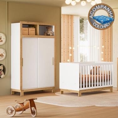 Imagem de Quarto de Bebê com Berço Slim 4315 e Roupeiro 5085 Flora Branco Acetinado Qmovi + Colchão Ortobom