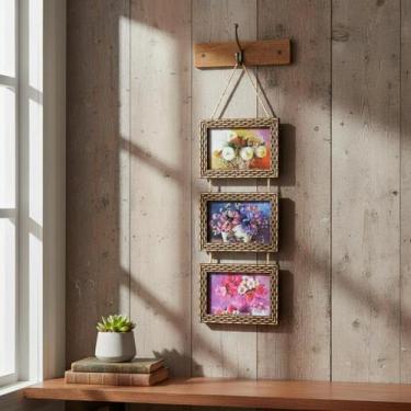 Imagem de Porta Retrato Madeira Triplo 3 Fotos 10x15 Decoração Moderna Rustica -