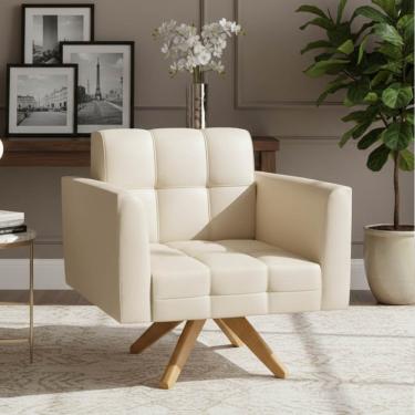 Imagem de Poltrona Sala Decorativa Elisa Base Giratória Castanho MA30 Sintético PU Bege D03 - D'Rossi