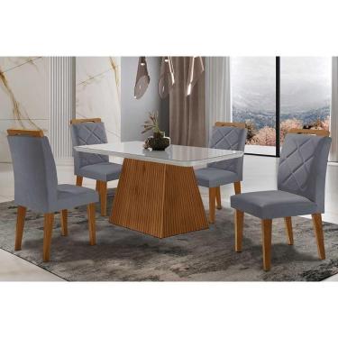 Imagem de Sala De Jantar Luna Tampo Madeirado Com Vidro Curvo 120x80 E 4 Cadeiras Melissa Imbuia Veludo Grafite Rufato