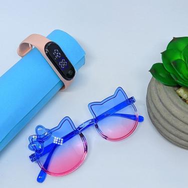 Imagem de Kit Relógio Digital Bracelete Silicone ajustável Menina + Óculos de Sol Gatinho Hello Kitty com Laço Protenção Uv400