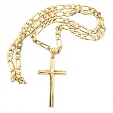 Imagem de Colar com pingente de cruz estilo corrente fígaro de ouro 24 k 5 mm com fecho de cruz para homens, Husband fino para berloques Miami Cubana Corte de diamante religioso borda chanfrada, 22, Banhado a ouro, Sem pedras preciosas