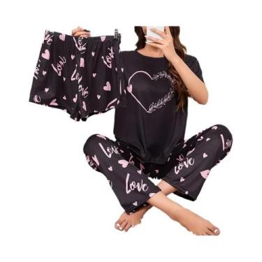 Imagem de Conjunto De Pijamas Femininos De 3 Peças Com Manga Curta E Gola Redond