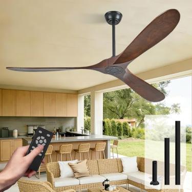 Imagem de Heyecola Ventilador De Teto De 72 Polegadas Sem Luz, Madeira Maciça De Nogueira, Ventiladores De Teto Para Áreas Externas Para Pátios, Ventilador De Teto De 3 Pás Com Controle Remoto Para Quarto, Mo