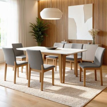 Imagem de Conjunto Sala de Jantar 6 Lugares Retangular Tampo Vidro Base Madeira Maciça Mesa e Cadeiras Bella Cinamomo/Off White/Prata