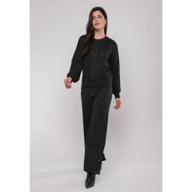 Imagem de Calça De Tricot Em Fio Botonê Wide Leg Preto Salvatore, Preto, único