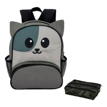 Imagem de Kit Mochila Infantil Gatinho Dinossauro Com Estojo Escolar Triplo Unis