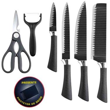 Imagem de Conjunto Jogo De Facas Talheres Inox 6 Peças Com Tesoura Amigold Preto