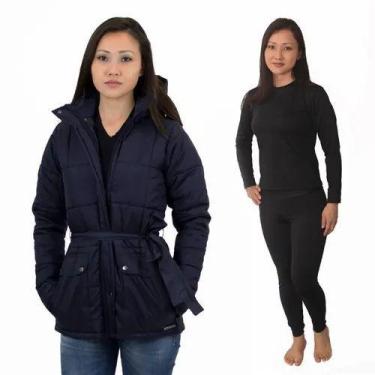 Imagem de Casaco feminino Acolchoado Impermeável com cinto + Calça Térmica Frio 