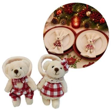 Imagem de Kit Porta Guardanapo Decorativo Natalino Casal Ursinhos Pelúcia Creme 