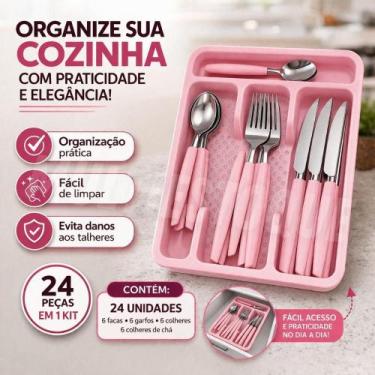 Imagem de Jogo de Talheres 24 Peças Rosa com Organizador de Gaveta Inox e Polipr