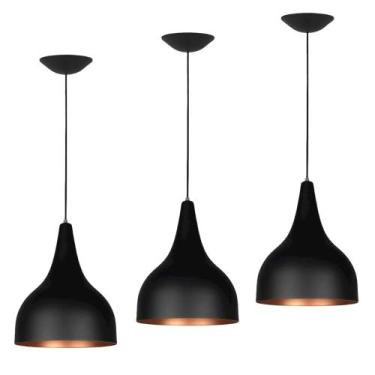 Imagem de Kit 3 Pendente Taça Gota Bancada Balcão Cozinha  Preto com Cobre - Azl