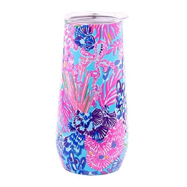Imagem de Lilly Pulitzer Flauta de champanhe sem haste de 295 ml, copo pequeno de aço inoxidável com tampa, copo de metal isolado de parede dupla, esplendor na areia