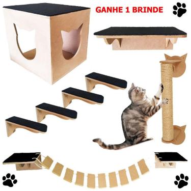 Imagem de Nicho Para Gato Mdf Crú Arranhador Corda Prateleira Toca