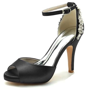 Imagem de Sapatos de noiva stiletto sapatos femininos de cetim salto alto marfim peep toe sapatos com strass 36-42,Black,5 UK/38 EU