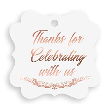 Imagem de Etiquetas de agradecimento em ouro rosa para lembrancinhas, etiquetas de presente extravagantes, pacote com 30, obrigado por comemorar conosco! Etiquetas de presente de festa em relevo. Casamento, chá