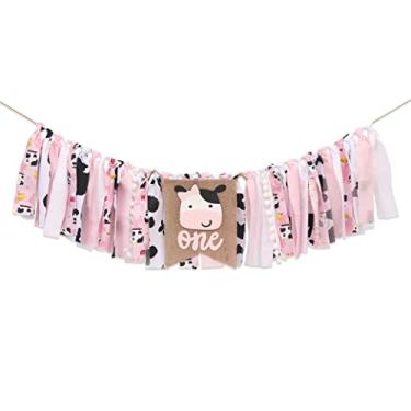 Imagem de Banner de cadeira alta de vaca - festa de 1º aniversário de fazenda para menina, faixa tema de celeiro rosa, primeiro bolo amassado, decorações de chá de bebê para meninas
