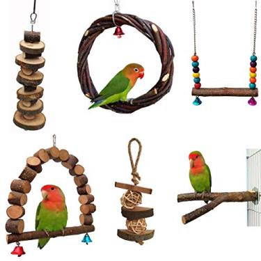 Imagem de alfyng Pacote com 6 brinquedos de balanço para papagaios, poleiros de sino para pendurar papagaios, rede de pássaros, gaiola de madeira para periquitos pequenos, calopsitas, conures, pássaros do amor