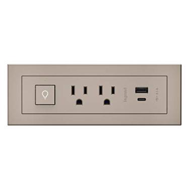 Imagem de Tira de energia por Wiremold, tira de energia com USB e interruptor, tira de energia embaixo da mesa, tira de energia montável, tomada de energia para móveis, 15 Amp, 2 tomadas, tipo A/C USB, níquel, 6 pés