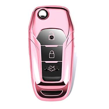 Imagem de CSHU TPU Car Flip Car Key Case Cover Porta-chaves Anel Key Bag, apto para Ford Fiesta Focus 2 3 4 Explorer Ranger KA Escort Mondeo Everest Ranger F150 F250, rosa