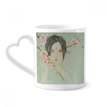 Imagem de Caneca de aquarela chinesa beleza flor de pêssego caneca de cerâmica copo de coração de vidro