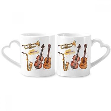 Imagem de Conjunto de canecas de porcelana para casais, combinação de instrumentos de aquarela, estampa musical, coração