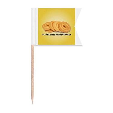 Imagem de Sinalizadores de palito de dente com texto de bênção de biscoito especialidade dinamarquesa, marcação de rotulagem para bolo de festa, prato de queijo
