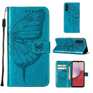 Imagem de Capas de telefone borboleta em relevo para Samsung Galaxy A14 A 14 5G Capa de couro com slots para cartão impressos clipe de carteira para telefone de negócios Samsung A14 5G capas (azul, Samsung A14 5G)