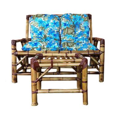 Imagem de Sofá Bambu 2 Lugares Com Mesa E Almofadas Floral Azul Varanda - Compre