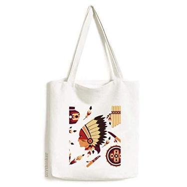 Imagem de Bolsa de lona indiana com penas tradicionais americanas, bolsa de compras casual
