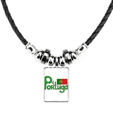 Imagem de DIYthinker Colar com bandeira nacional de Portugal, padrão verde, joias, torque, corda de couro, pingente
