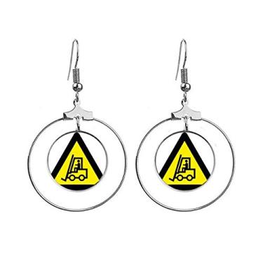 Imagem de Símbolo de aviso amarelo preto empilhadeira triângulo brincos pendentes joia círculo gota