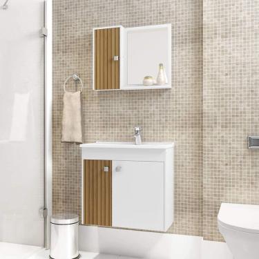 Imagem de Gabinete para Banheiro com Cuba e Espelheira Munique Móveis Bechara Branco/Ripado